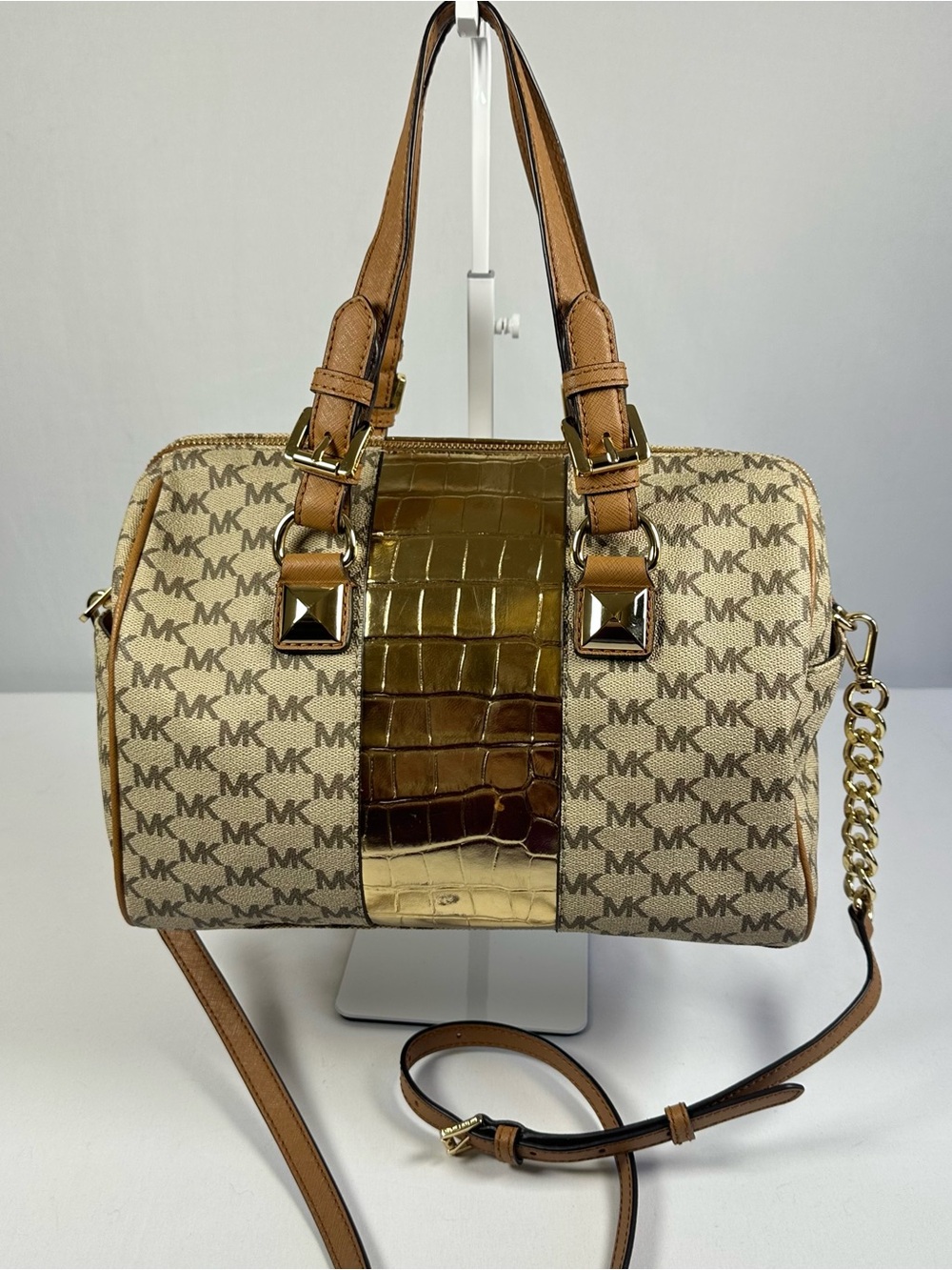 Michael Kors Grayson Medium Satchel Handbag Signature MK Monogram Pattern Brown